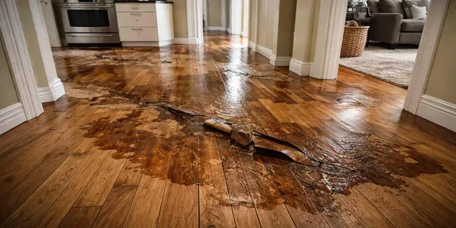 Hardwood floor buckled by standing water in a Brooksville home