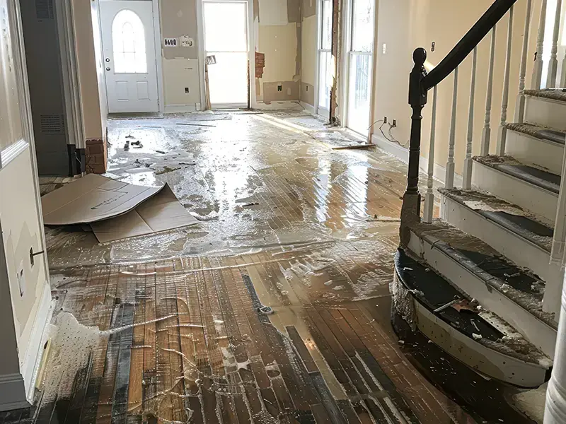 Wet wood floor and staircase after water damage in an older Brooksville home
