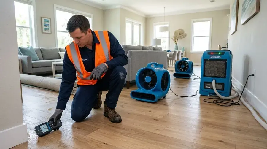 Restoration technician checking moisture beside air movers in a Brooksville living room