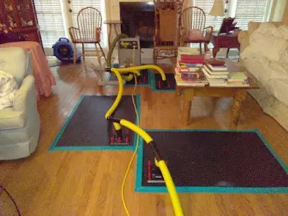 Extraction hose and air movers drying a hardwood living room in Brooksville
