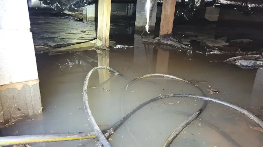 Standing water under the floor joists of a Brooksville crawlspace