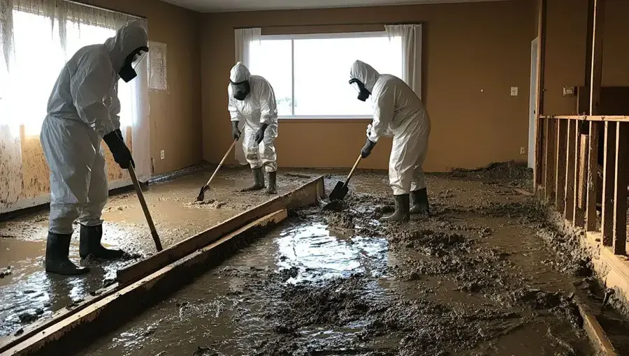 Crew in protective suits removing sewage-soaked debris from a Brooksville room