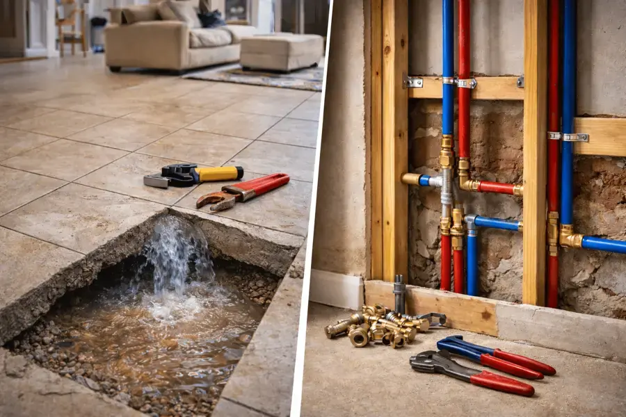 Water bubbling up through an opened tile slab during a Brooksville slab leak repair