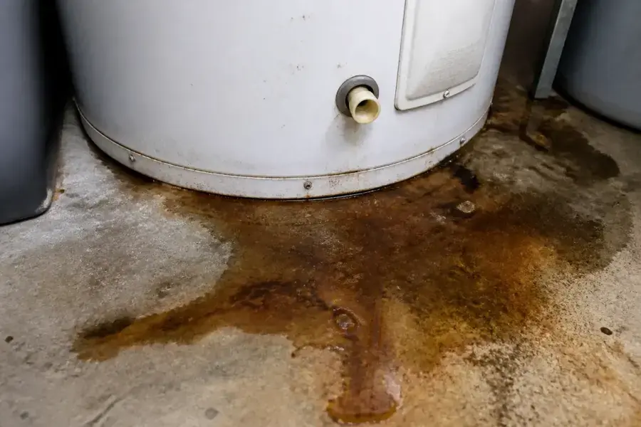 Rusty water spreading across a floor from a failed water heater in Brooksville